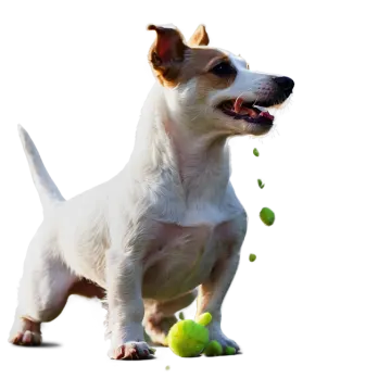 a small white dog playing with a tennis ball