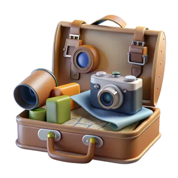 an open suitcase with a camera and other items