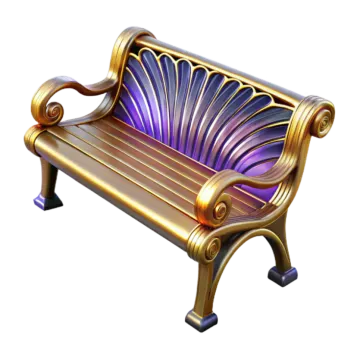 a gold bench with purple glass on it
