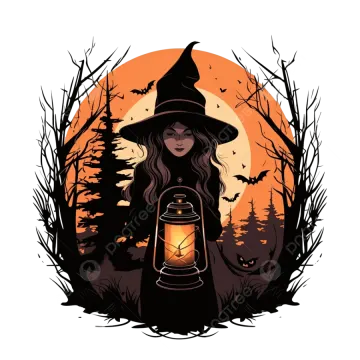 a witch holding a lantern in front of a full moon