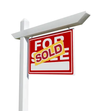 a red and white sold for sale sign
