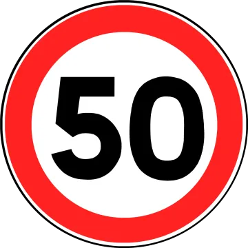 a red and white sign with the number 50 on it