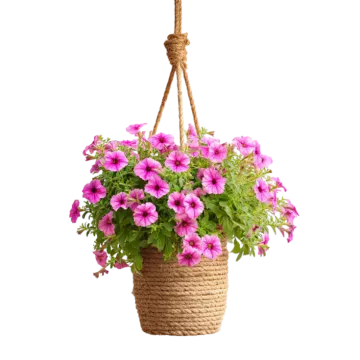 a hanging planter with pink flowers