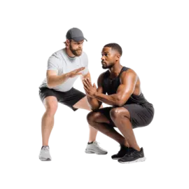 a man squats with another man in the background
