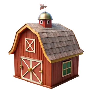 a small red barn with a brown roof