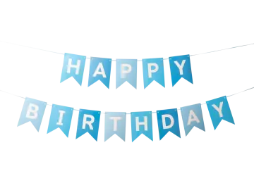 a blue happy birthday banner hanging on a string