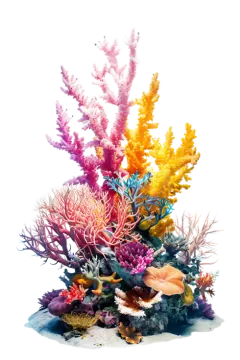 colorful corals and seaweeds on white background