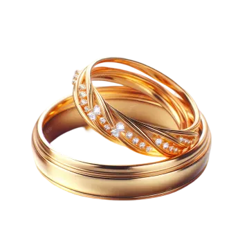 two gold wedding rings with diamonds on a white background