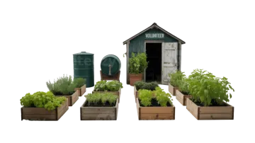 a garden with various vegetables and herbs in wooden boxes