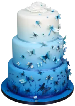 a blue and white cake with butterflies on it