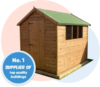 a wooden shed with a green roof