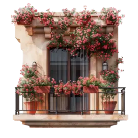 a balcony with flowers and pots on it