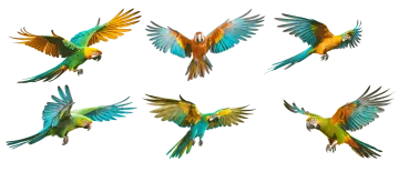 four colorful parrots flying in the air