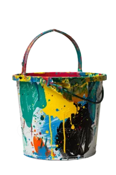 a bucket with colorful paint on it