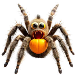 a tara spider with an orange ball in its mouth