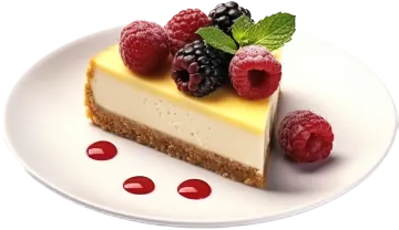a white plate with a piece of cheese and berries on it