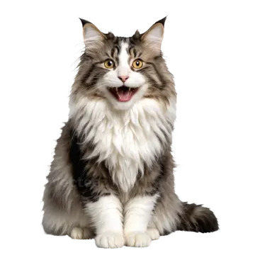 a gray and white cat sitting down with its mouth open