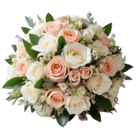 a bouquet of white and pink roses