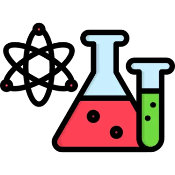 a beakle with a chemical flask and an atom