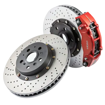 a pair of red brake discs on a white background