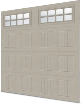 a garage door with three windows