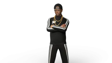 a man in a black and white outfit standing with his arms crossed