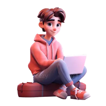 a cartoon character sitting on the floor using a laptop