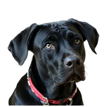 a close up of a black dog with a red collar