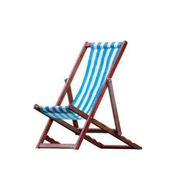 a wooden deck chair with blue and white stripes
