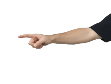 a man in a black shirt pointing at something