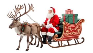 a santa claus riding in a sler with his reindeer