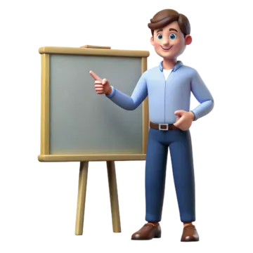 a 3d man standing next to a chalk board
