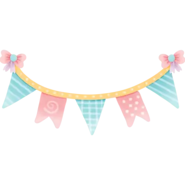 a pink and blue pennant with polka dots