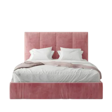 a bed with a pink headboard and pillows