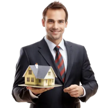 a man in a suit holding a model house