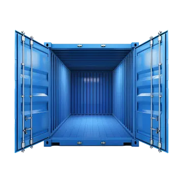 a blue shipping container with the door open