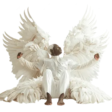 a man sitting on the ground surrounded by white feathers