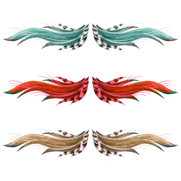 a set of four different colored feathers