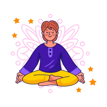 a woman sitting in a lotus position with stars around her