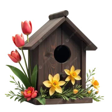 a birdhouse with flowers and leaves on a white background