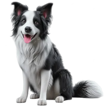 a black and white dog sitting down with its tongue out
