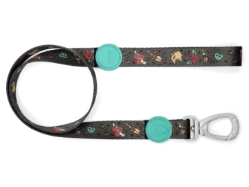 a black dog leash with a green button on it