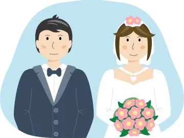 a bride and groom with flowers in their hands