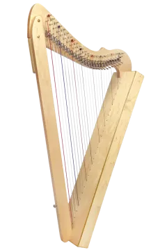a wooden harp with strings and strings