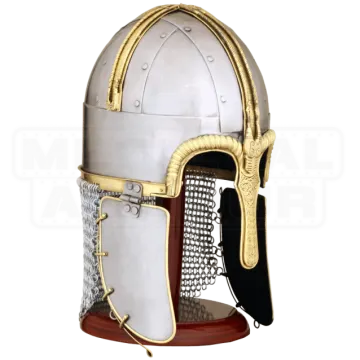 a silver and gold helmet on a white background