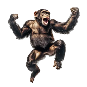 a chimpan standing up with its arms in the air