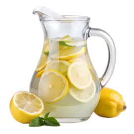 a pitcher filled with lemons and lemon slices