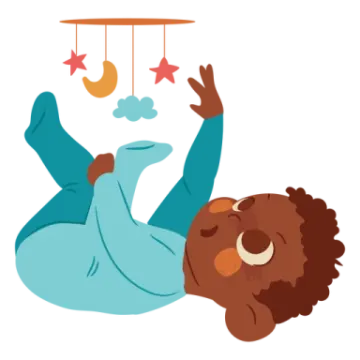 an illustration of a baby boy playing with a mobile