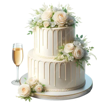 a white wedding cake with flowers and champagne stock photo