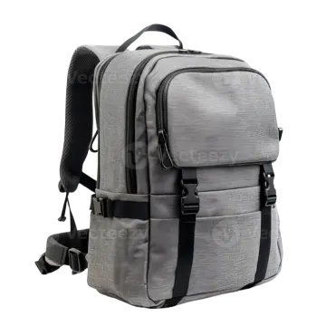 a grey backpack on a white background